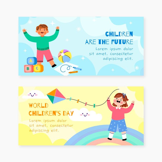 Hand drawn flat world children's day horizontal banners set