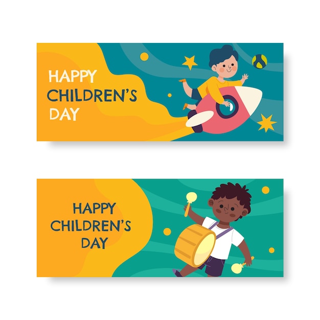 Hand drawn flat world children's day horizontal banners set