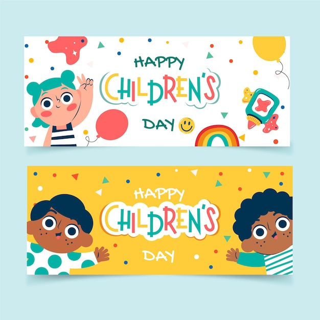 Free vector hand drawn flat world children's day horizontal banners set