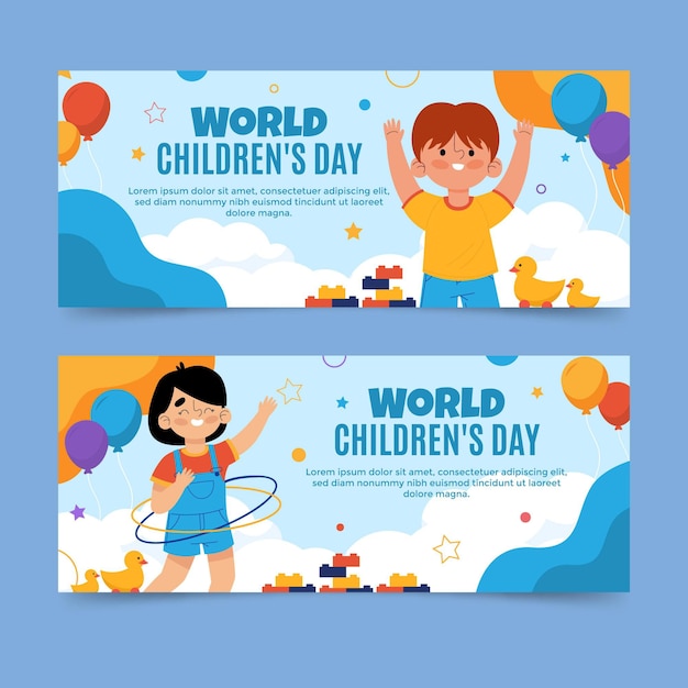 Hand drawn flat world children's day horizontal banners set