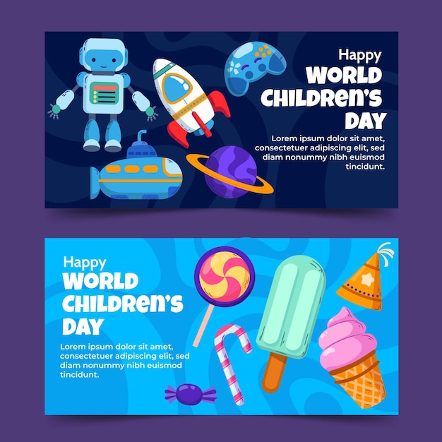 Hand drawn flat world children's day horizontal banners set