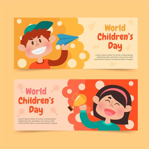 Hand drawn flat world children's day horizontal banners set
