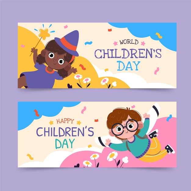 Free vector hand drawn flat world children's day horizontal banners set