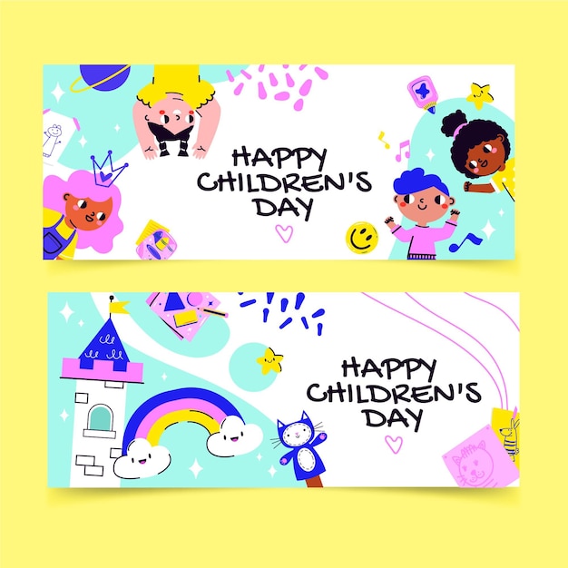 Hand drawn flat world children's day horizontal banners set