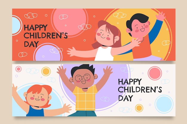 Free vector hand drawn flat world children's day horizontal banners set