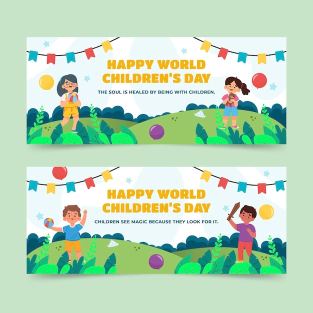 Vettore gratuito set di banner orizzontali per la giornata mondiale dei bambini piatti disegnati a mano