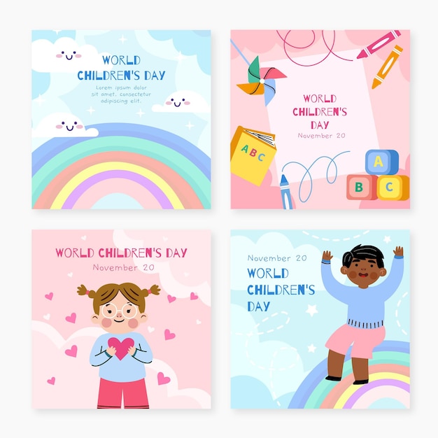 hand drawn flat world children's day instagram posts collection
