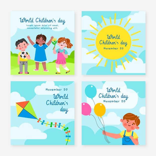 Free vector hand drawn flat world children's day instagram posts collection