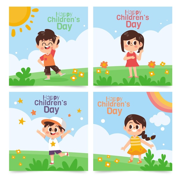 Free vector hand drawn flat world children's day instagram posts collection