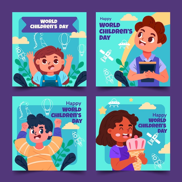 Hand drawn flat world children's day instagram posts collection