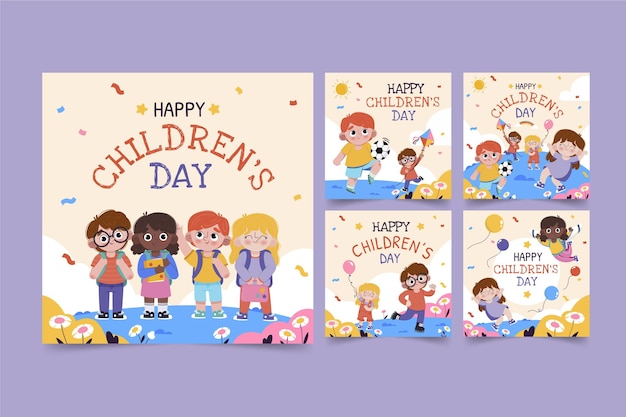 Hand drawn flat world children's day instagram posts collection