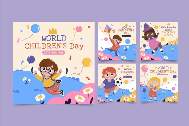 Hand drawn flat world children's day instagram posts collection