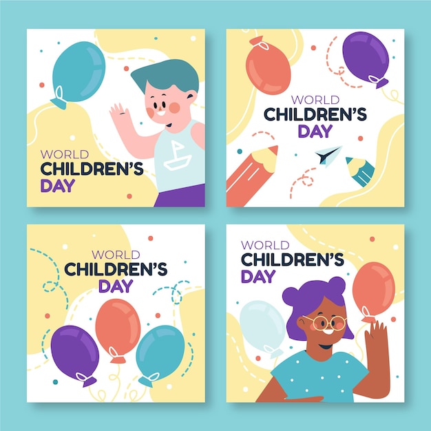 Free vector hand drawn flat world children's day instagram posts collection