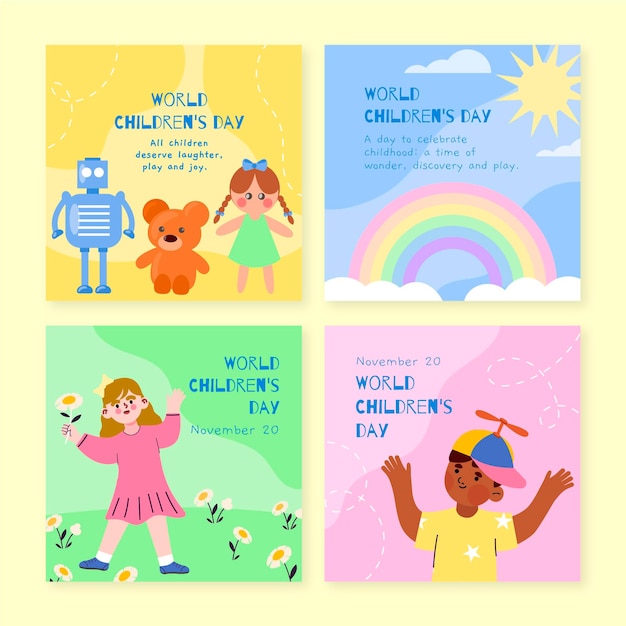 Hand drawn flat world children's day instagram posts collection