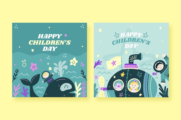 Hand drawn flat world children's day instagram posts collection