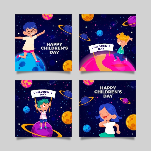 Hand drawn flat world children's day instagram posts collection