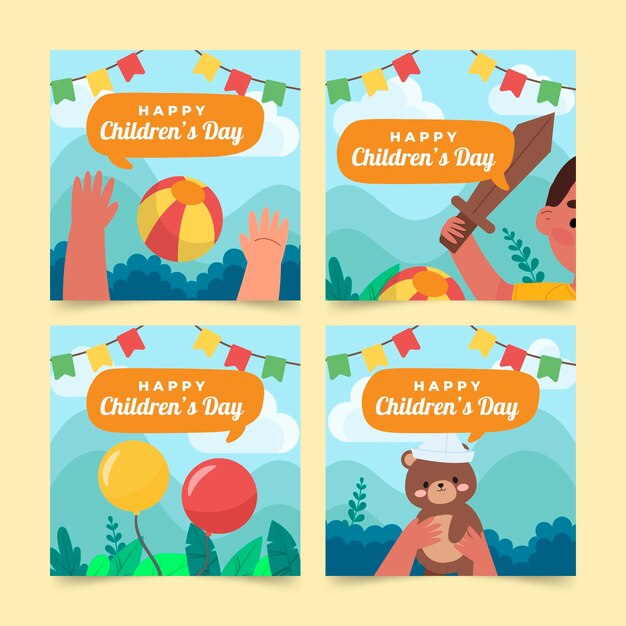 Vettore gratuito collezione di post di instagram per la giornata mondiale dei bambini disegnati a mano