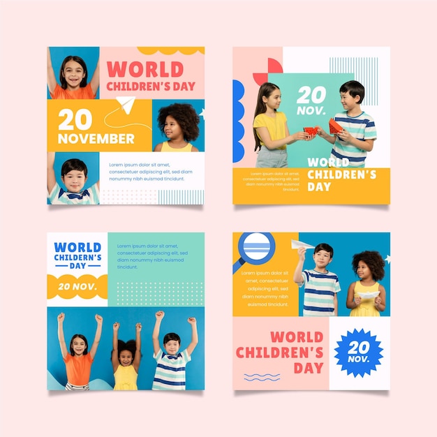 Free vector hand drawn flat world children's day instagram posts collection