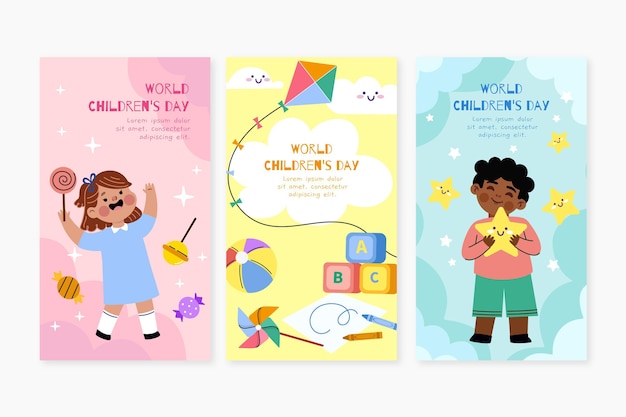 Free vector hand drawn flat world children's day instagram stories collection