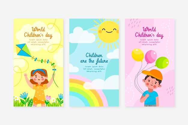 Hand drawn flat world children's day instagram stories collection
