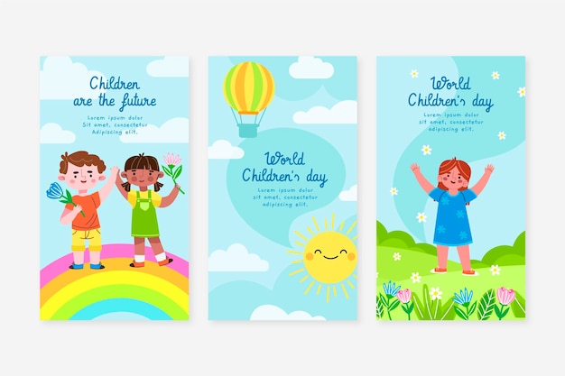 Free vector hand drawn flat world children's day instagram stories collection