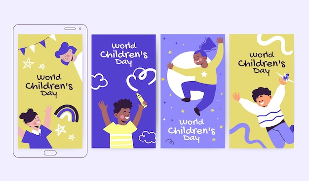 Vettore gratuito collezione di storie di instagram per la giornata mondiale dei bambini disegnati a mano