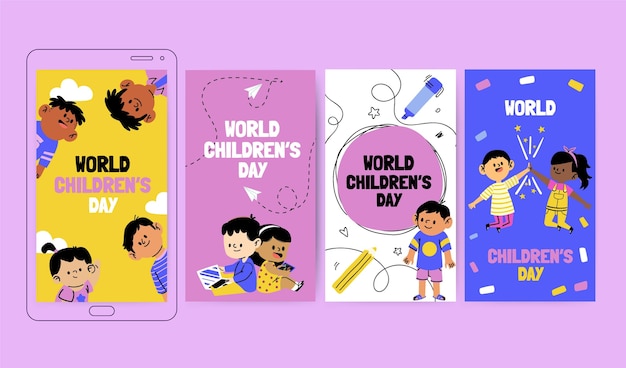 Free vector hand drawn flat world children's day instagram stories collection