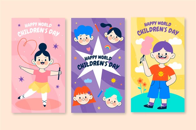 Vettore gratuito collezione di storie di instagram per la giornata mondiale dei bambini disegnati a mano