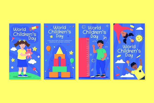 Hand drawn flat world children's day instagram stories collection