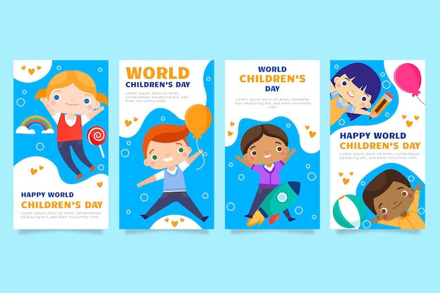 Free vector hand drawn flat world children's day instagram stories collection