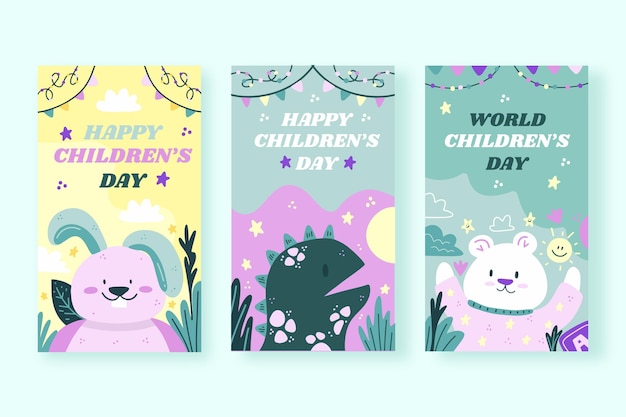 Free vector hand drawn flat world children's day instagram stories collection