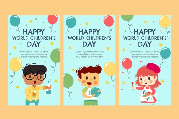 Hand drawn flat world children's day instagram stories collection
