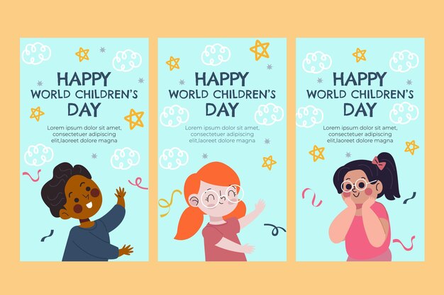 Vettore gratuito collezione di storie di instagram per la giornata mondiale dei bambini disegnata a mano