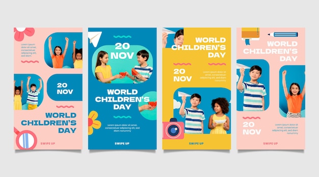 Hand drawn flat world children's day instagram stories collection