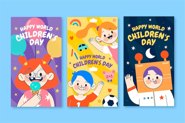 Vettore gratuito collezione di storie di instagram per la giornata mondiale dei bambini disegnati a mano