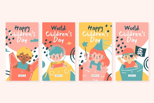 Free vector hand drawn flat world children's day instagram stories collection