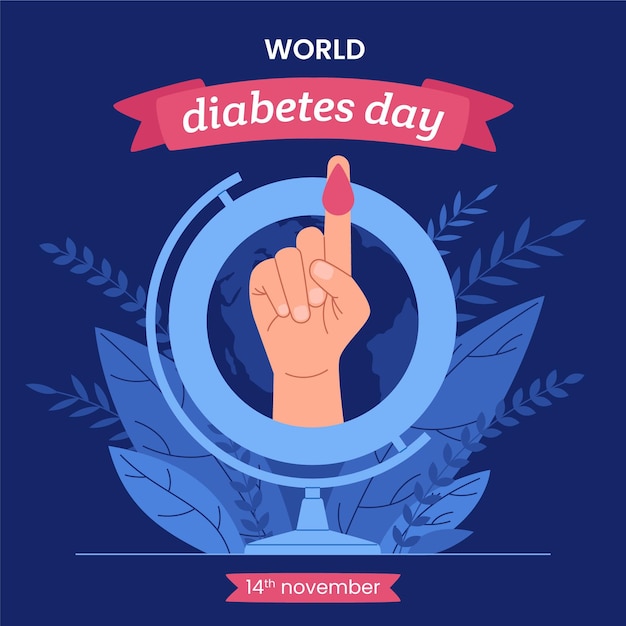 Бесплатное векторное изображение Ручной обращается плоский всемирный день диабета фон