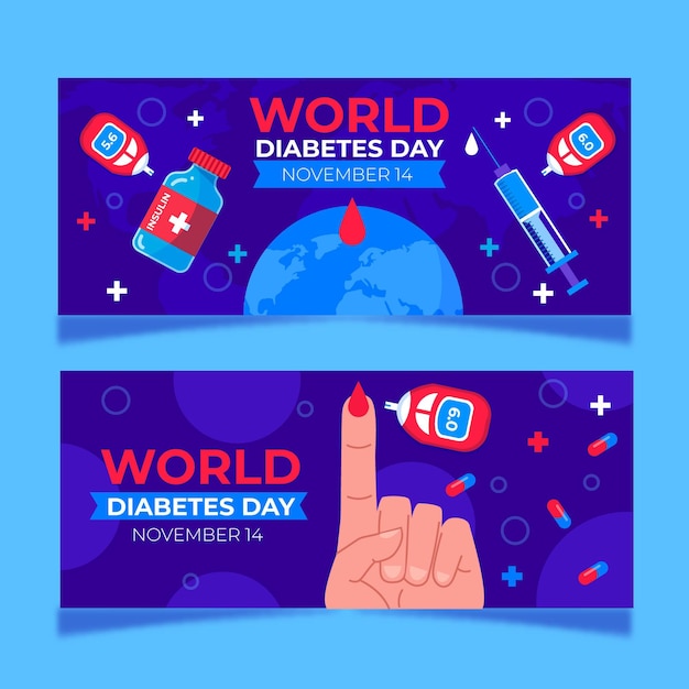 Free vector hand drawn flat world diabetes day horizontal banners set