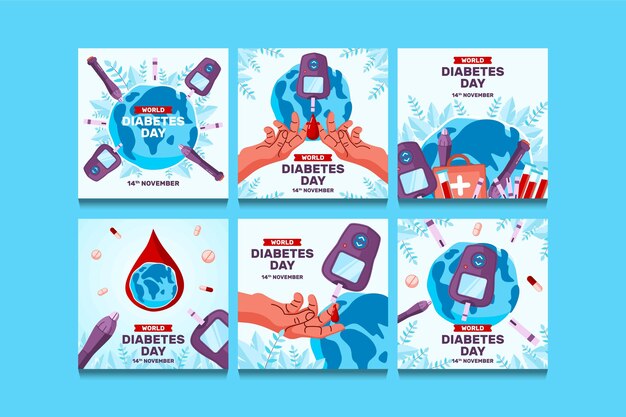 Hand drawn flat world diabetes day instagram posts collection
