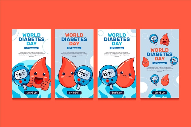 Vettore gratuito collezione di storie di instagram per la giornata mondiale del diabete disegnata a mano