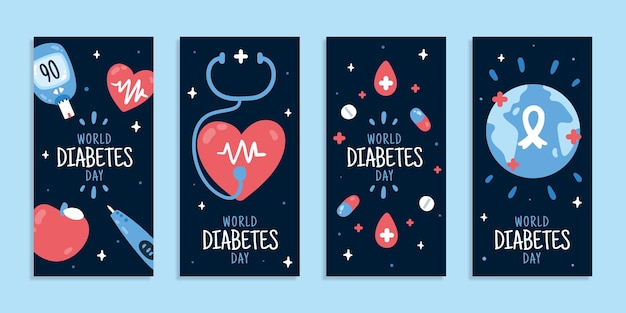 Collezione di storie di instagram per la giornata mondiale del diabete disegnata a mano