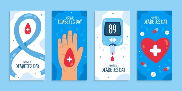Hand drawn flat world diabetes day instagram stories collection