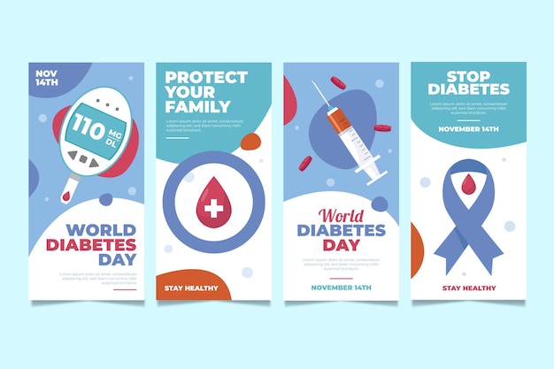 Vettore gratuito collezione di storie di instagram per la giornata mondiale del diabete disegnata a mano