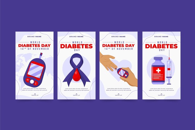 Hand drawn flat world diabetes day instagram stories collection