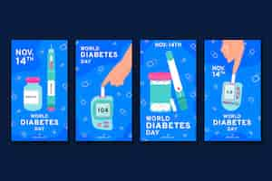 Vettore gratuito collezione di storie di instagram per la giornata mondiale del diabete disegnata a mano