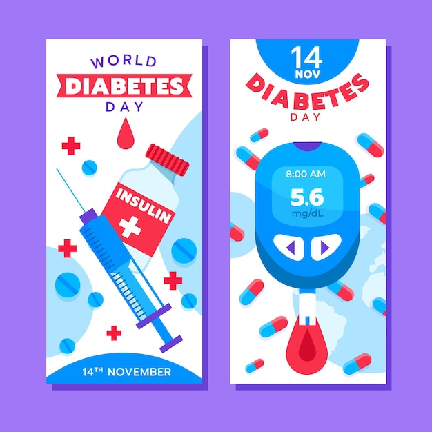 Vettore gratuito set di banner verticali per la giornata mondiale del diabete piatto disegnato a mano