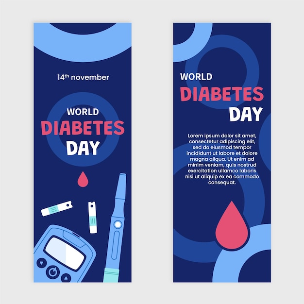 Бесплатное векторное изображение Набор рисованной плоский всемирный день диабета вертикальные баннеры