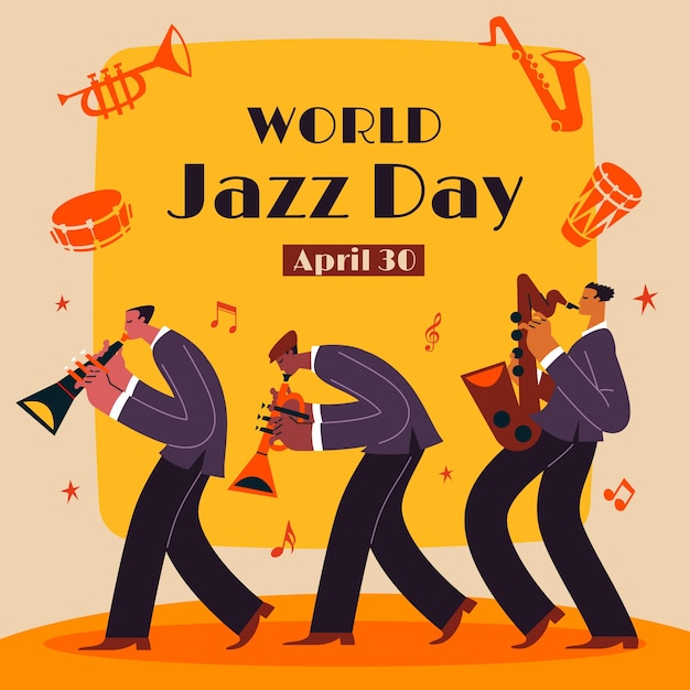 Hand drawn flat world jazz day illustration