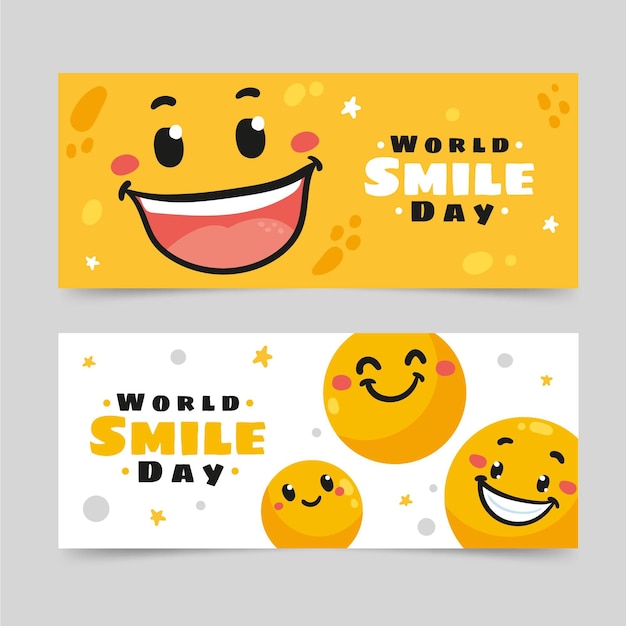 Hand drawn flat world smile day horizontal banners set