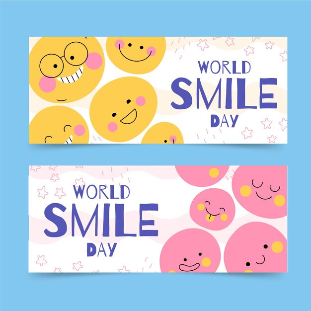 hand drawn flat world smile day horizontal banners set
